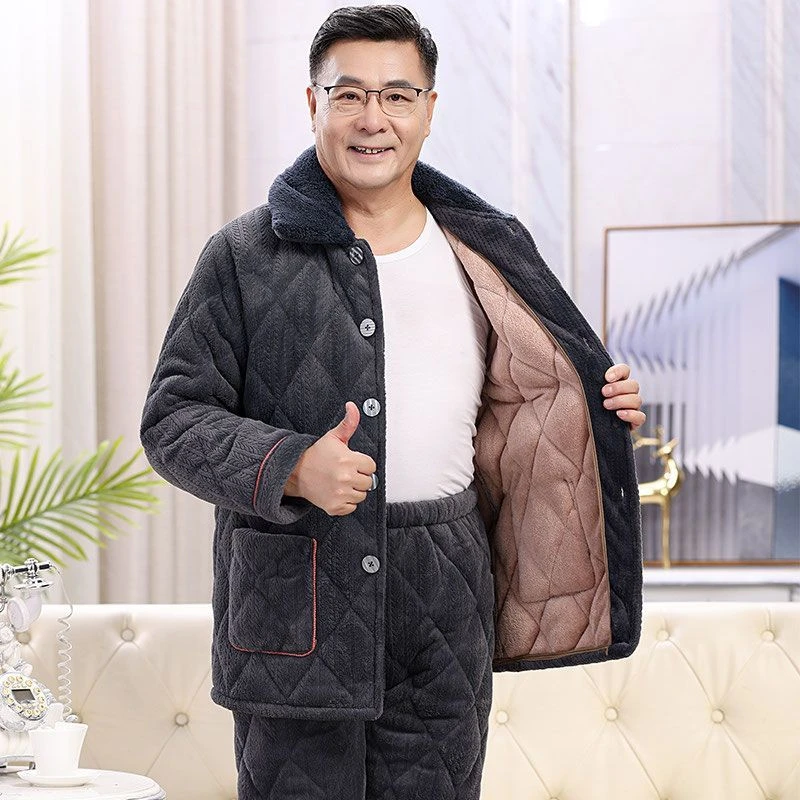 睡衣男士冬季加厚加绒保暖家居服中老年珊瑚绒三层夹棉秋冬款套装