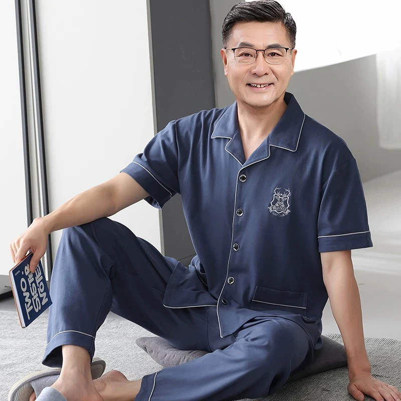 100%纯棉中老年人爸爸睡衣男夏季薄款休闲短袖长裤夏天家居服套装