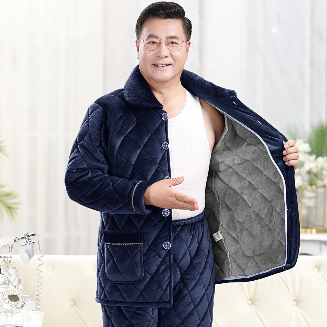 男士睡衣秋冬季三层加厚加绒珊瑚绒夹棉保暖中老年爸爸家居服套装
