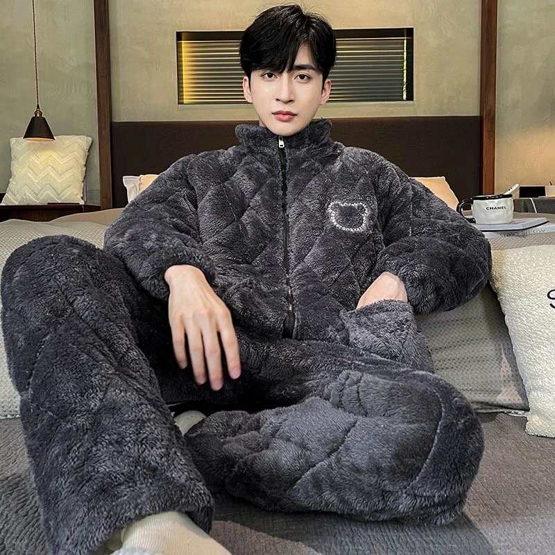 睡衣男秋冬季珊瑚绒加厚加绒三层夹棉男士大码法兰绒青少年家居服