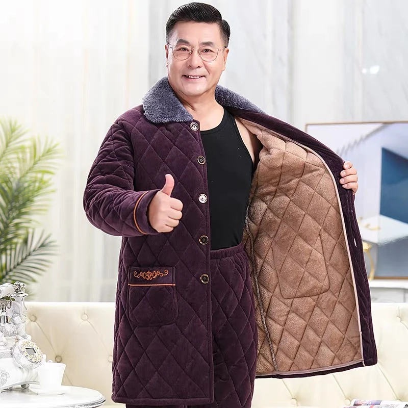睡衣男冬季加厚加绒珊瑚绒夹棉长款中老年爸爸保暖家居服套装秋冬