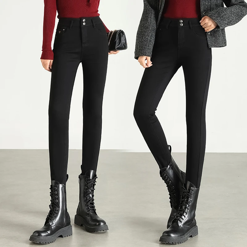 加绒黑色牛仔小脚裤铅笔裤女2024冬季高腰百搭显瘦弹力修身九分裤