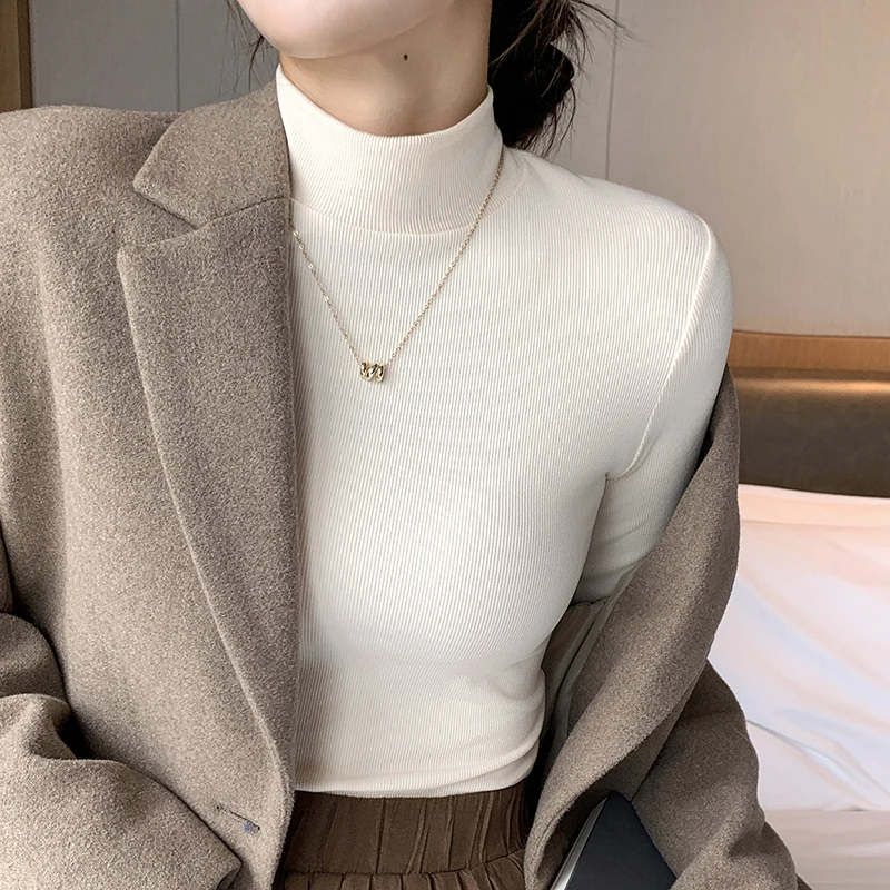 醉梓菡半高领椰绒打底衫女秋冬长袖t恤修身外穿螺纹百搭保暖上衣