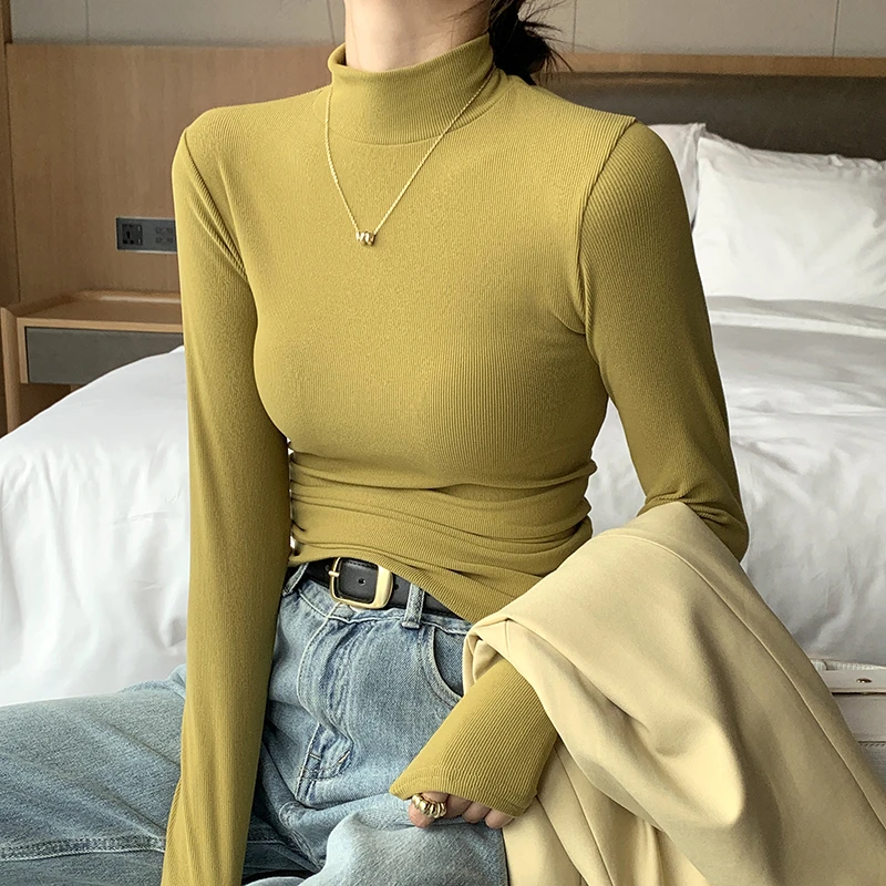 半高领长袖t恤女春秋季椰绒打底衫修身洋气可外穿螺纹内搭上衣329