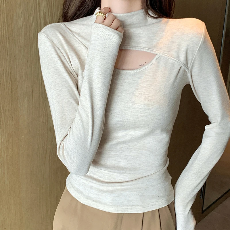 醉梓菡镂空洋气半高领打底衫女秋冬内搭磨毛修身显瘦长袖外穿上衣