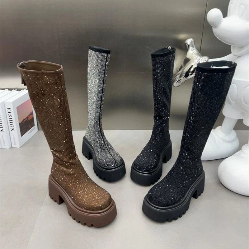 IKXO欧货粗跟厚底长筒靴女2024秋季新款圆头后拉链增高瘦瘦靴