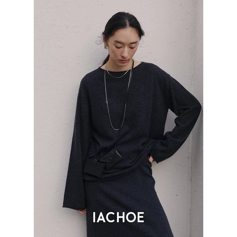IACHOE炭灰色羊毛羊绒毛衣圆领3471505012女士气质上衣