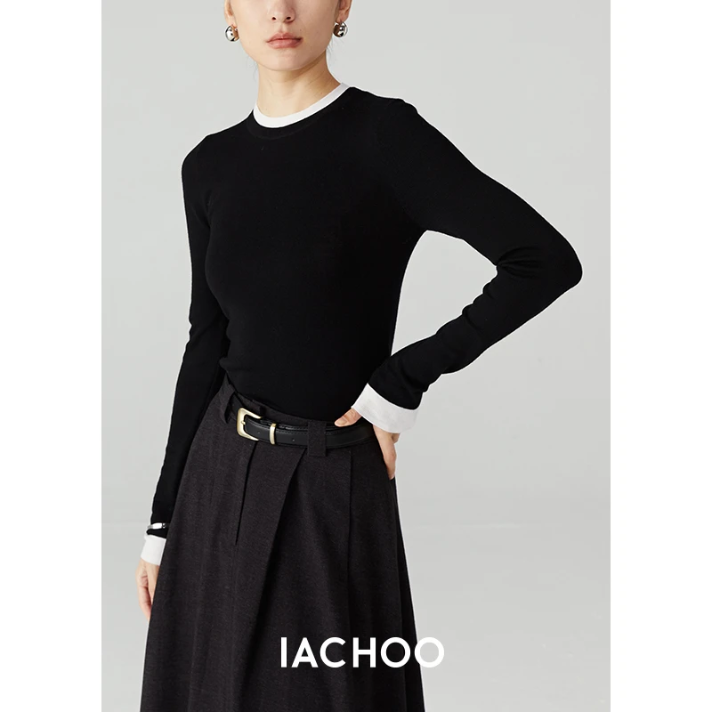 IACHOE 羊毛弹力显瘦撞色两件多领针织衫3461505025