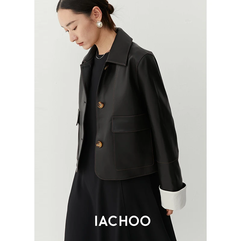 IACHOE短外套黑色通勤百分百羊皮方领两粒扣真皮外套3461527004