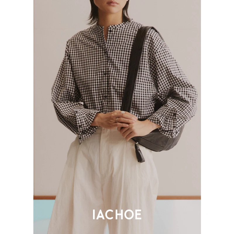 IACHOE圆领黑白小众格子衬衫3561504013