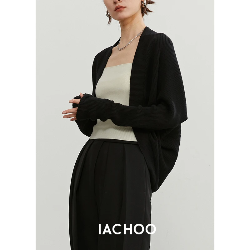 IACHOE【月光恋人】秋季新款黑色显瘦罩衫针织3461506005长袖开衫