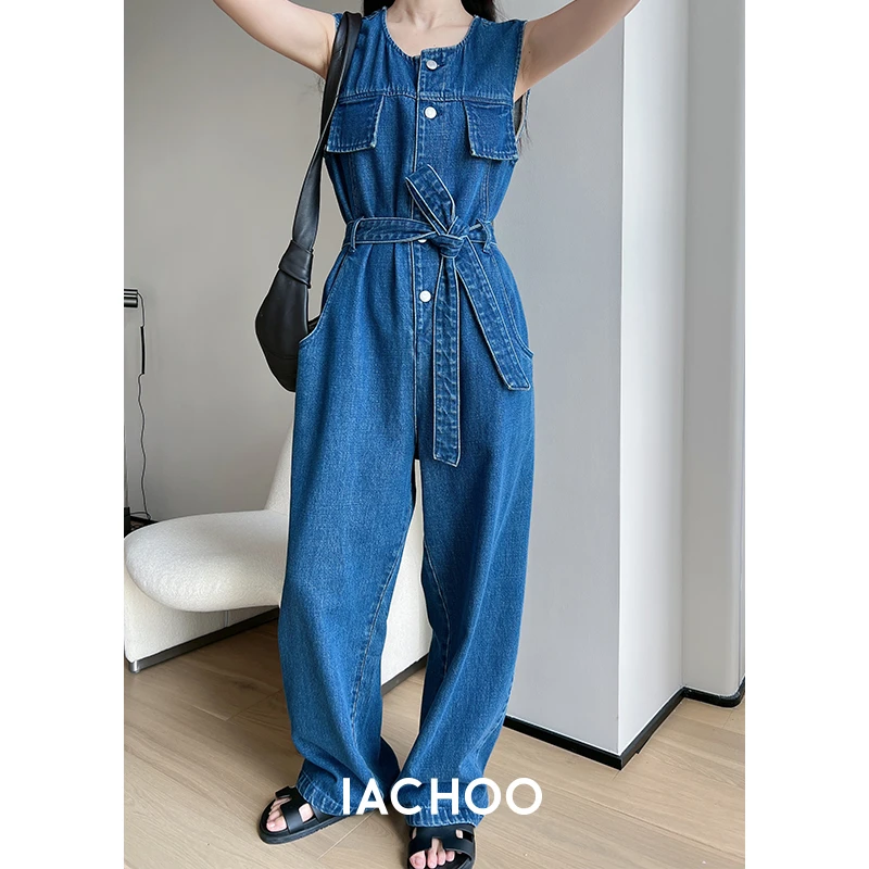 IACHOE【努力号】复古无袖牛仔连体裤小众工装阔腿裤3421371001高腰