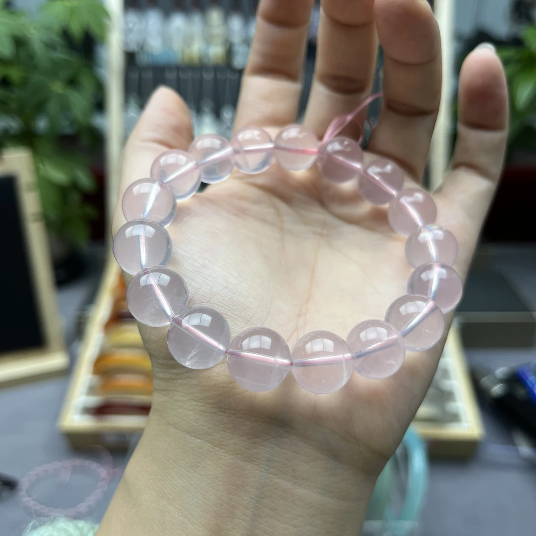 纯天然粉水晶手串高冰透，珠径12-13