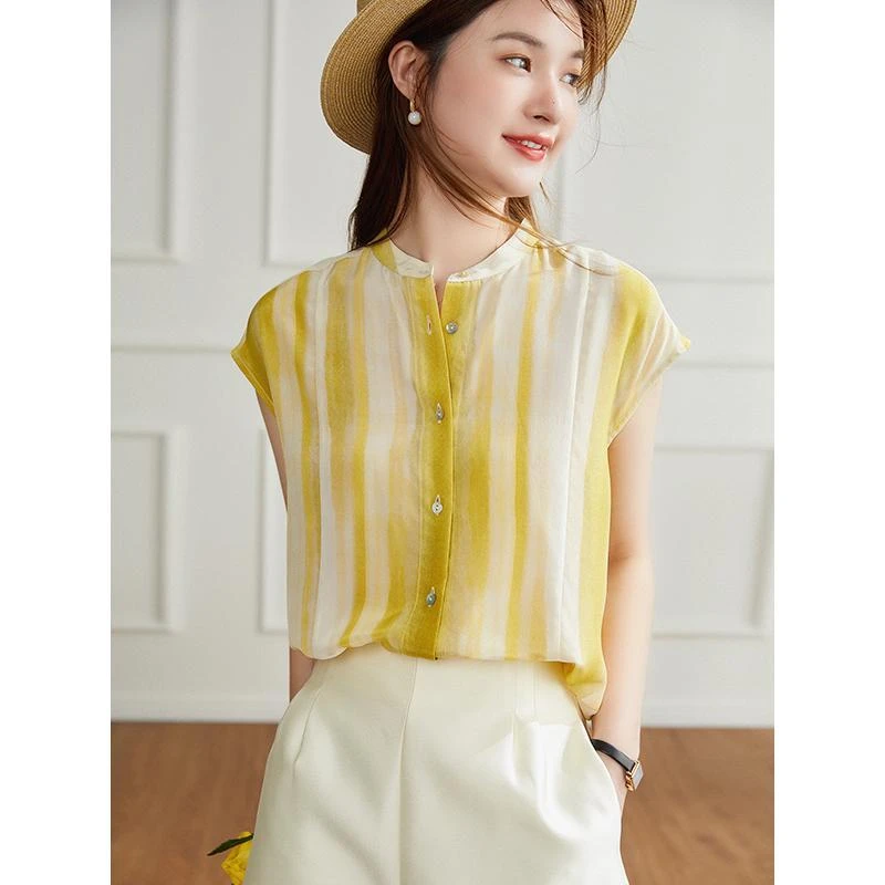 9409夏季新款时尚显瘦气质上衣女高级感条纹短袖女衬衫减龄时尚潮