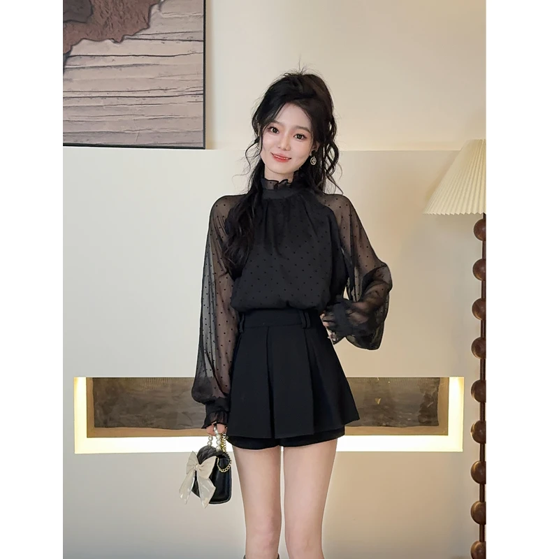 春秋穿搭高级感复古洋气气质长袖立领木耳边波点别致衬衫上衣女潮