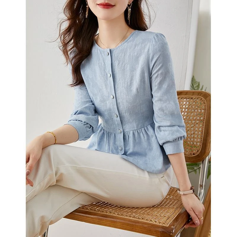 法式掐腰上衣女装2025春秋新款小个子衬衣小众设计感收腰蓝色衬衫