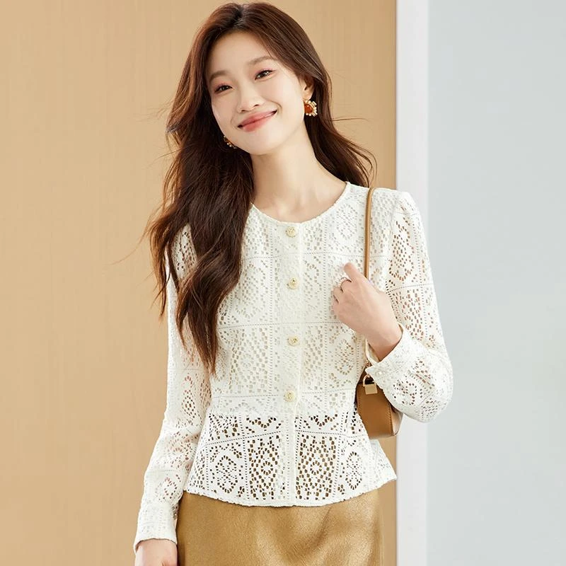 9661圆领小香风蕾丝衫女修身显瘦洋气上衣优雅气质打底衫长袖