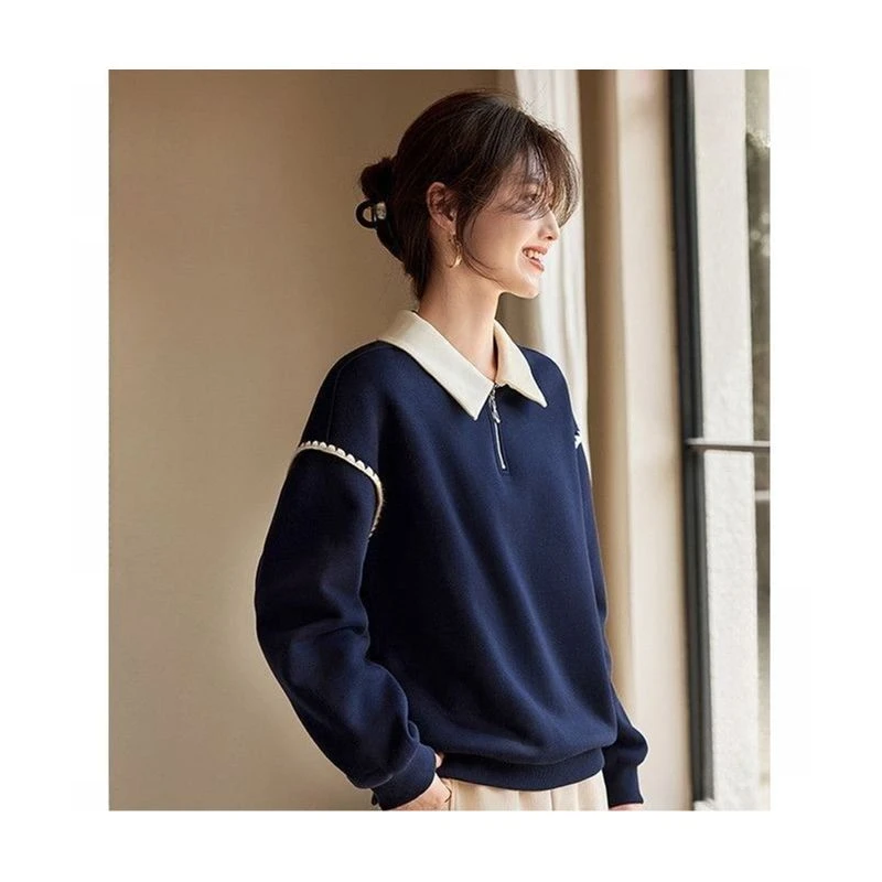 9703学院风气质温柔时尚卫衣女款春秋新款设计感潮流撞色翻领上衣