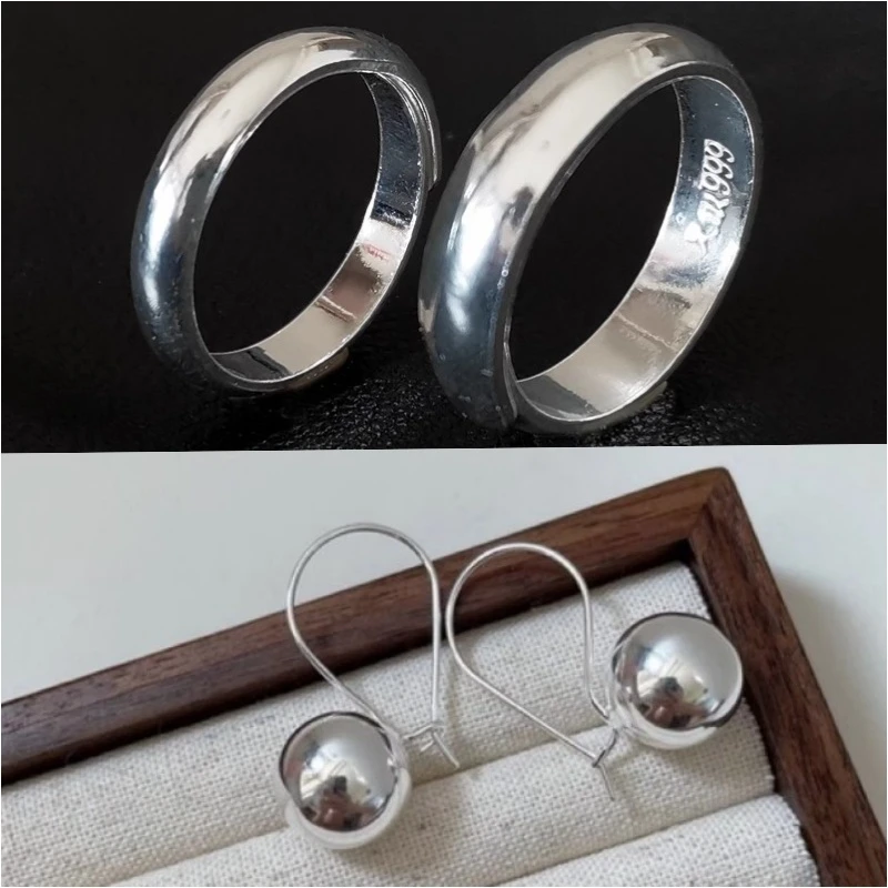 足银耳饰  佬银匠 纯手工足银大银球耳饰加素圈银戒指简约经典