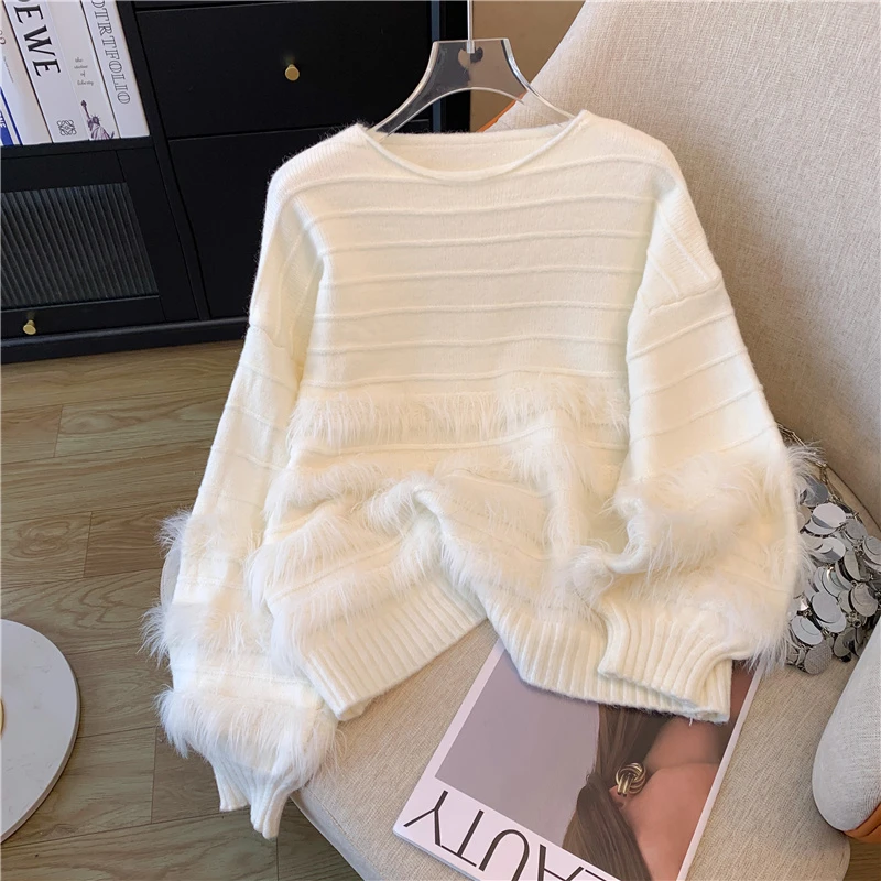 设计感宽松慵懒风拼接立体横条毛衣针织衫秋冬女装外出白色上衣服