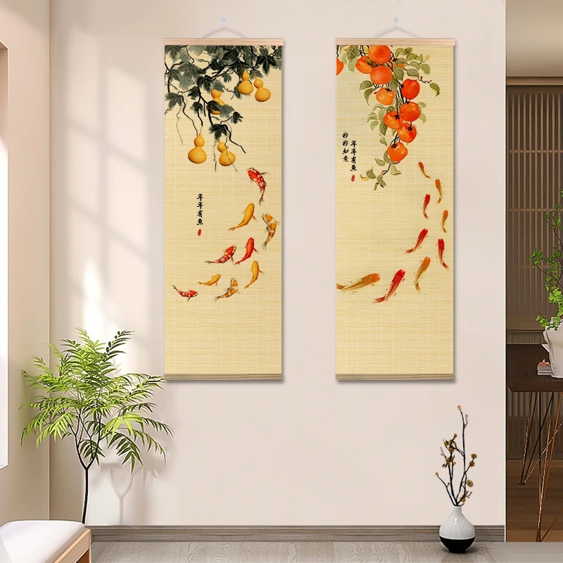 柿柿如意竹编竹帘挂画茶席卷轴新中式遮挡带葫芦装饰帘子定制字画