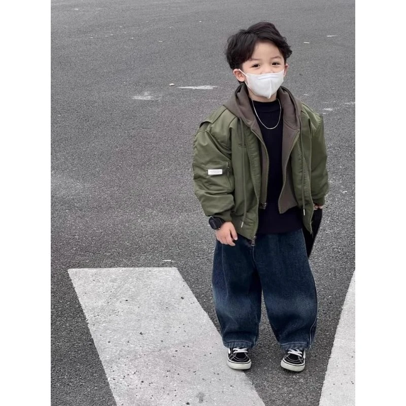 男童秋冬款外套2024新款洋气加棉连帽棒球服宝宝假两件冬季上衣潮