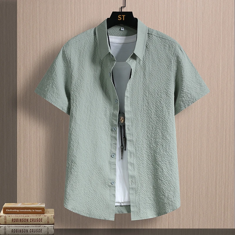 【高端品质】泡泡纱夏季薄款帅气男士青春百搭休闲纯色修身翻领衬衫