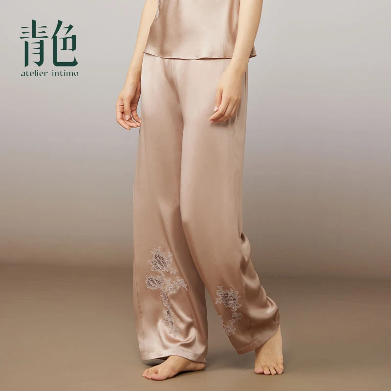 atelier intimo/青色蔓延真丝蕾丝拼接桑蚕丝长裤家居服