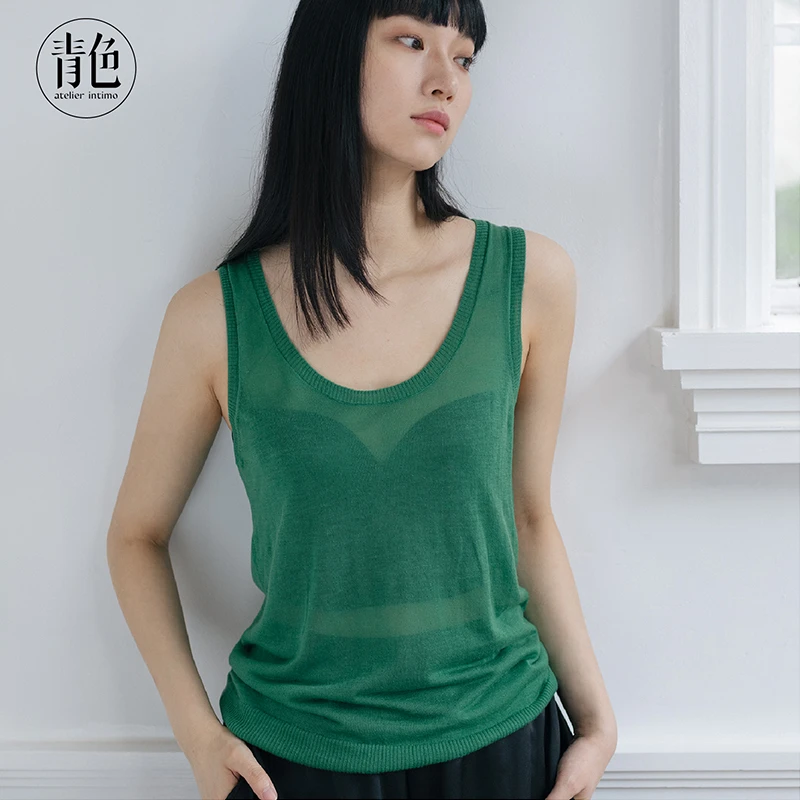 atelier intimo/青色天丝羊绒背心薄款时尚打底针织衫无袖上衣