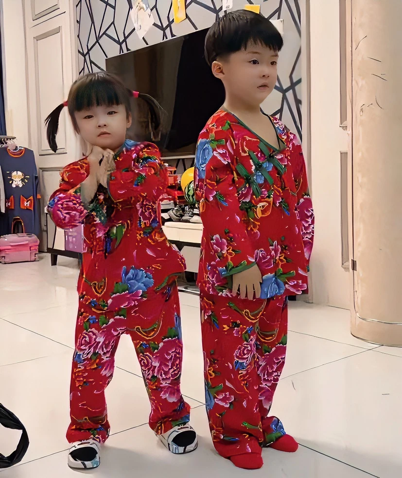 儿童东北大花国风睡衣家居服套装高弹亲肤保暖时尚可爱秋冬新年装