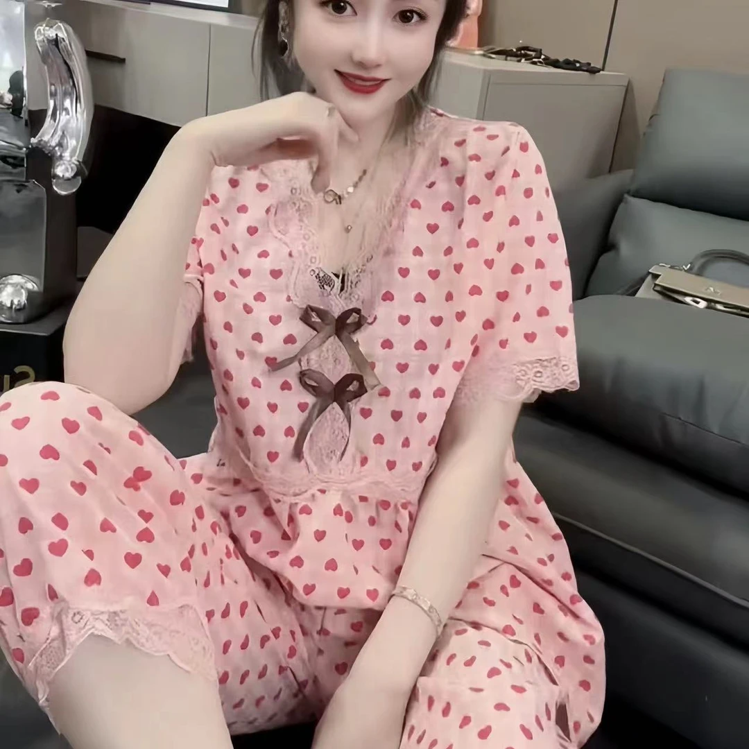 韩版睡衣女套装甜美蕾丝家居服短袖7分裤两件套可外穿印花套装