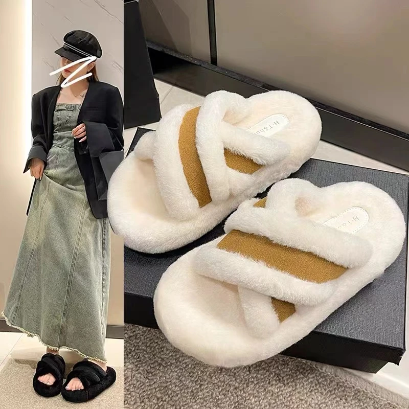 厚底一字拖毛毛拖鞋女外穿新款冬季加绒保暖网红ins棉拖鞋M999