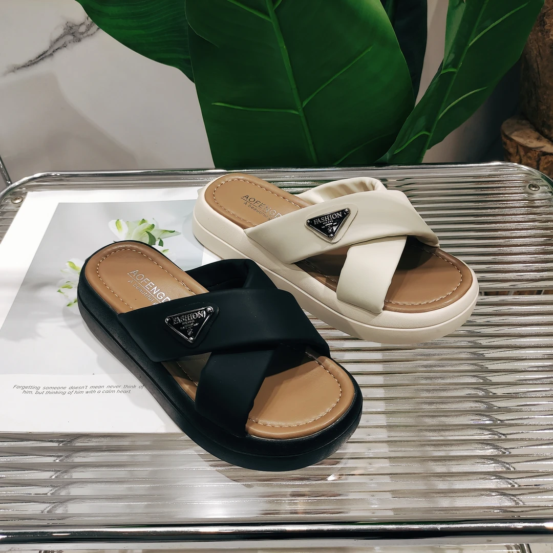 外穿夏季女配裙交叉松糕轻便厚底沙滩拖鞋C18(三角标拖鞋)