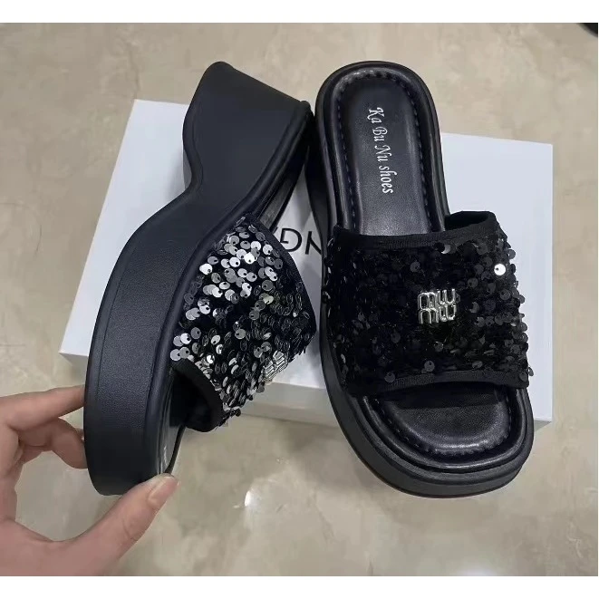 法式晚风拖鞋女仙女风凉拖拖鞋6603(女鞋厚底亮片)