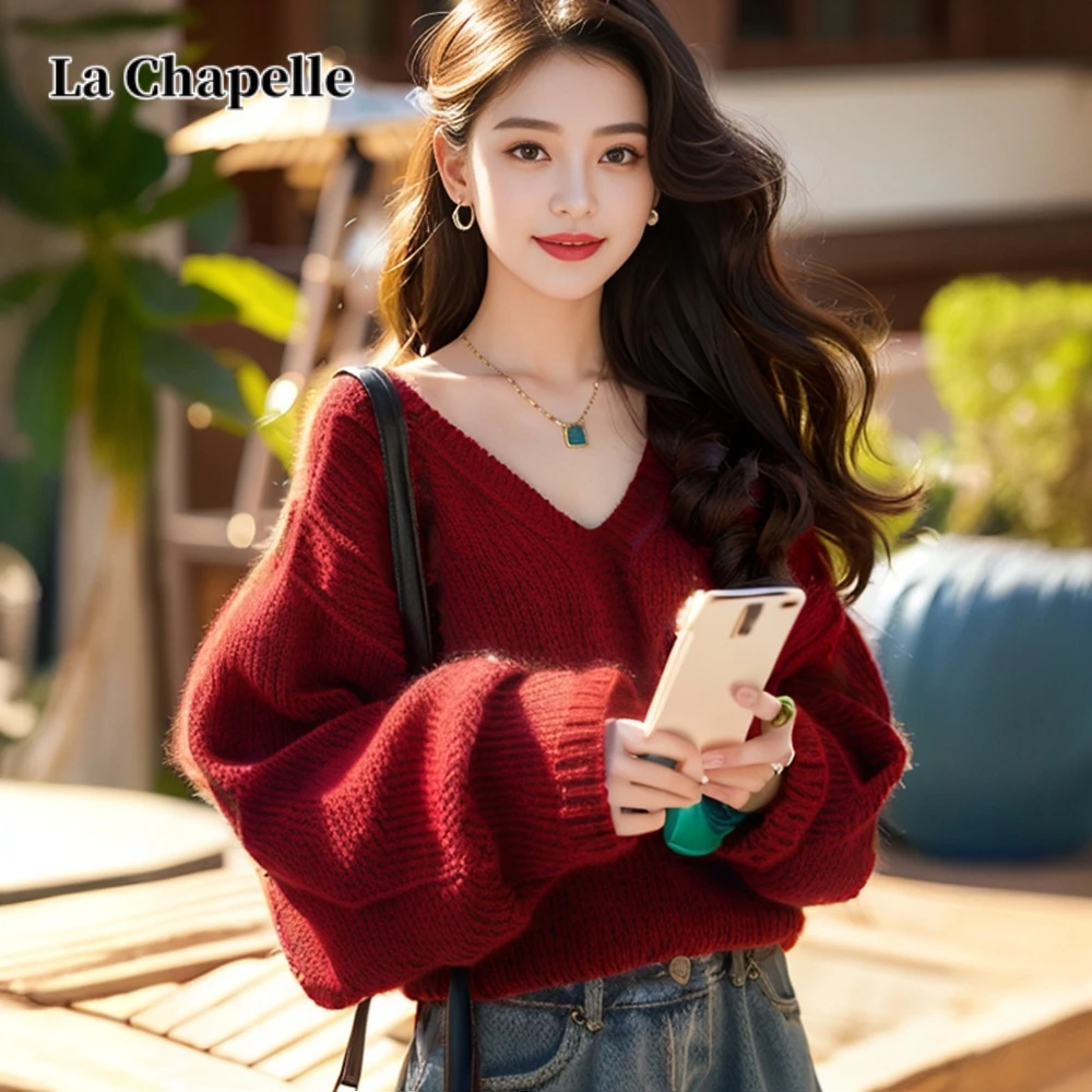拉夏贝尔秋冬氛围感安可拉红针织毛衣女2024时尚慵懒风灯笼袖上衣