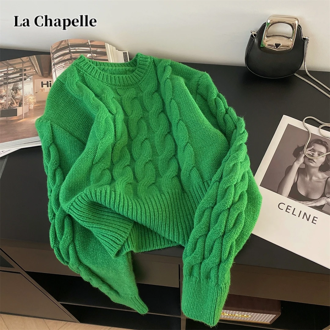 拉夏贝尔复古高级绿显瘦毛衣女设计感立体麻花洋气百搭秋冬季长袖