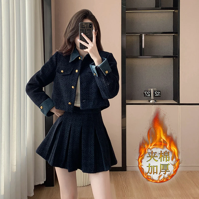 显瘦小个子秋冬时尚套装夹棉洋气小香风高级学院风百褶裙2025新款