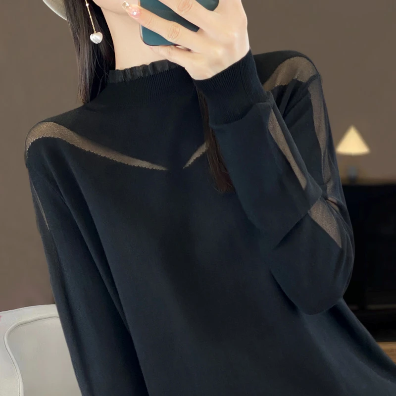 胖mm春秋大码半高领毛衣女宽松遮肚子显瘦上衣蕾丝针织羊毛打底衫