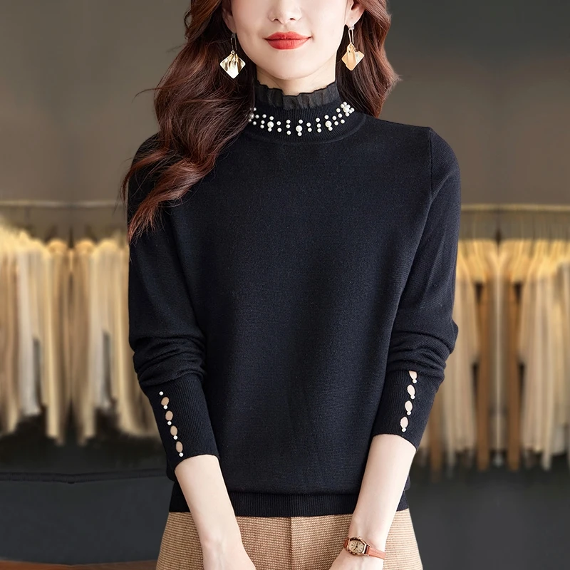 胖mm秋冬大码半高领毛衣女2024新款内搭可外穿蕾丝针织打底羊毛衫