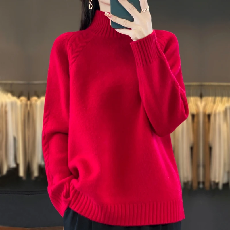 胖mm秋冬大码半高领蛇年本命年红色毛衣女洋气内搭针织打底羊毛衫