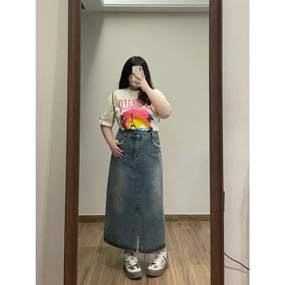 大码女装高腰显瘦牛仔半身裙女秋季胖mm宽松遮胯包臀a字中长裙子