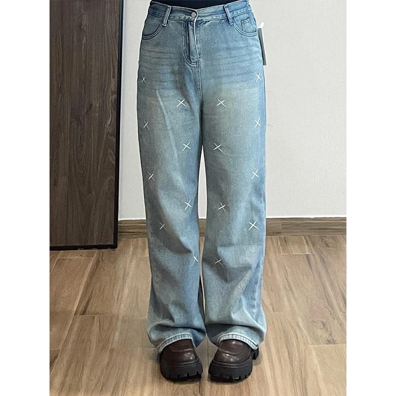 2-300斤大码女装高腰刺绣牛仔裤胖mm梨形身材宽松显瘦遮胯直筒裤