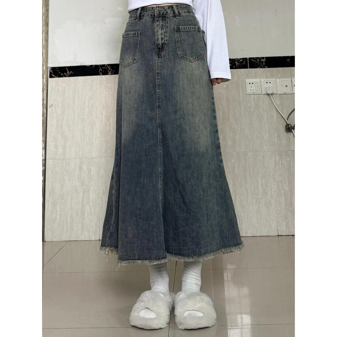 大码复古做旧宽松牛仔半身裙女夏季新款胖mm遮胯显瘦毛边中长裙子