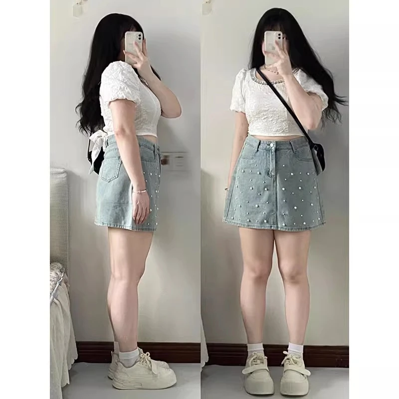 大码设计感小众复古钉珠牛仔半身裙女夏季胖mm高腰显瘦a字短裙子