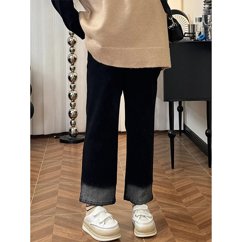 大码黑色高腰直筒牛仔裤女春秋胖mm梨形身材宽松显瘦九分烟管裤子