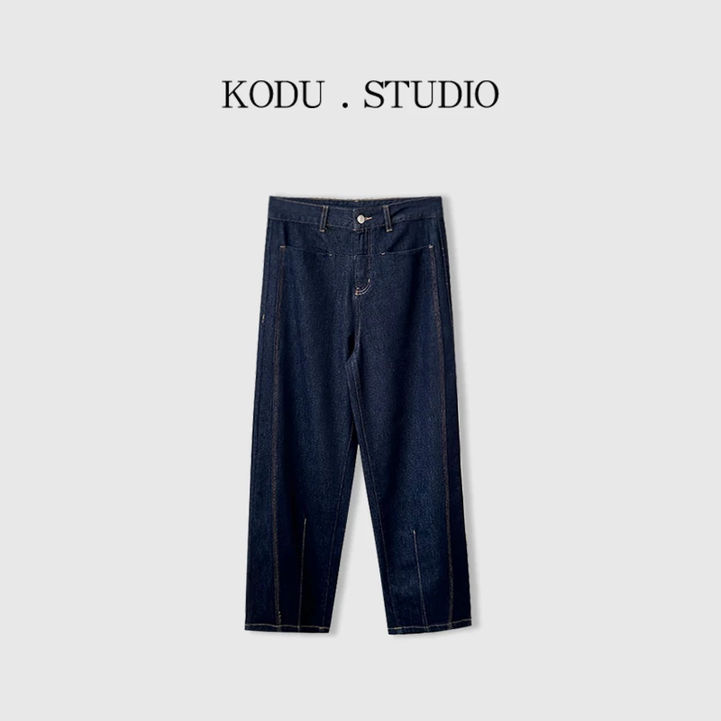 【刻度KODU】01-PT2866早秋慵懒风设计感高腰明线弯刀阔腿牛仔裤