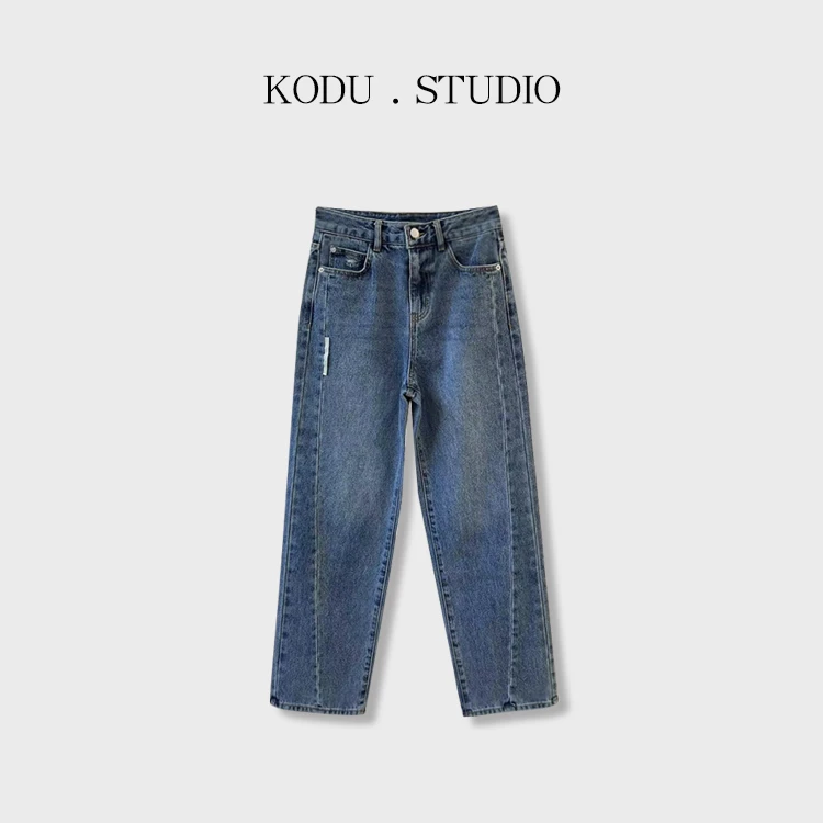 【双11大促刻度KODU】01-PT2656春高腰压线纯色直筒显瘦百搭牛仔裤