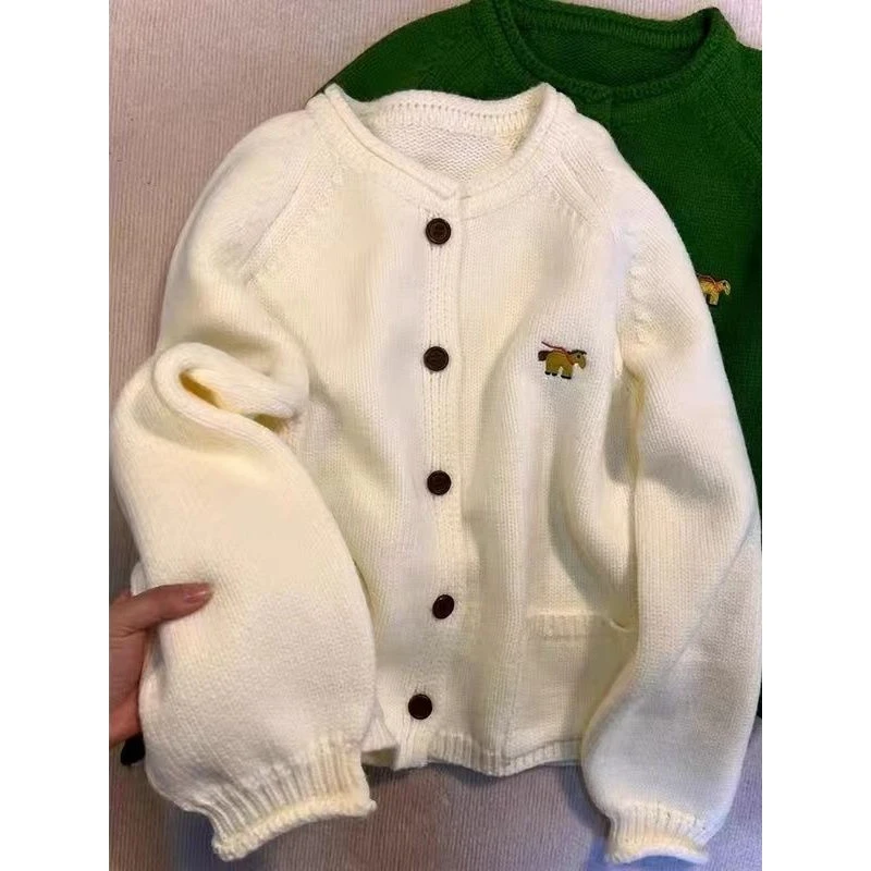 日系复古绿色针织开衫毛衣外套女春季新款慵懒宽松风软糯时尚上衣