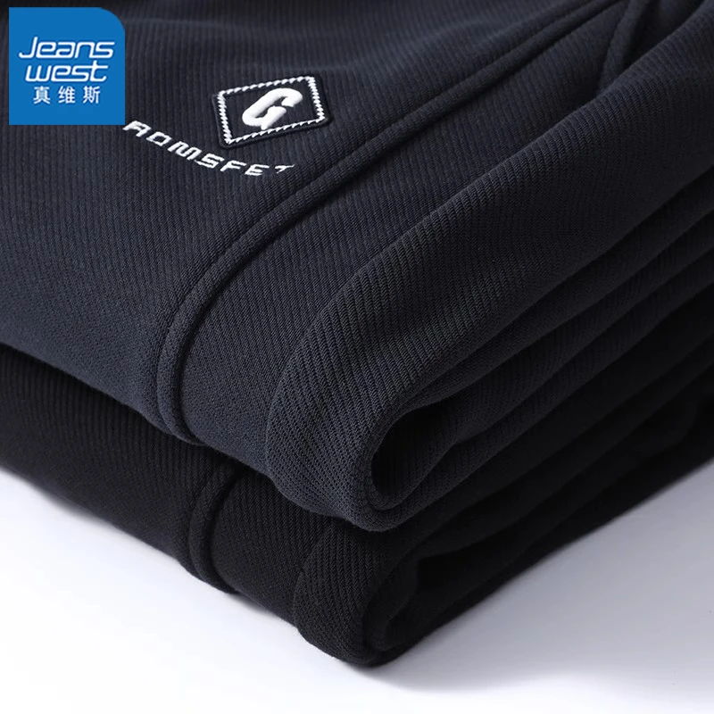 Jeanswest/真维斯加绒加厚运动卫裤男生潮流冬季宽松束脚休闲裤男