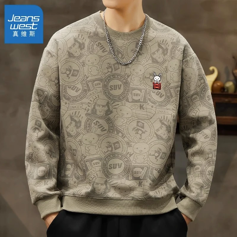 Jeanswest/真维斯男士圆领卫衣冬季新款长袖上衣服刺绣兔子打底衫